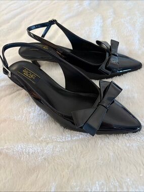 Rachel Black Patent Pointed Slingback Heels with Decorative Bow